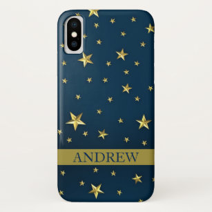 Navy Blue Gold Stars Personalized iPhone X Case