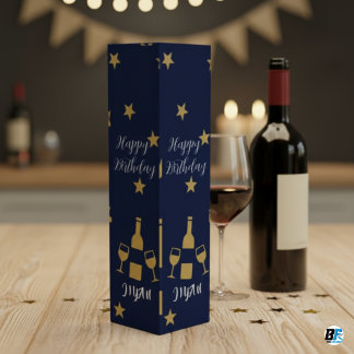 Navy Blue & Gold Stars Personalized Happy Birthday Wine Box