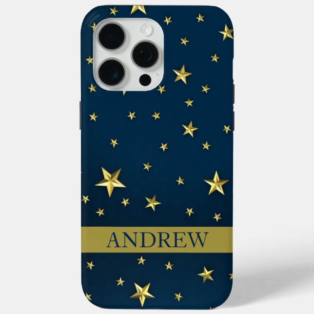 Navy Blue Gold Stars Personalized Name Case-Mate iPhone Case (Back)