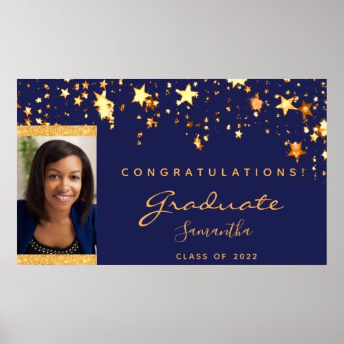 Navy blue gold stars photo 2024 Graduation Party  Poster