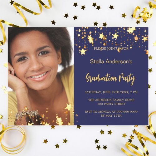 Navy blue gold stars photo graduation invitation