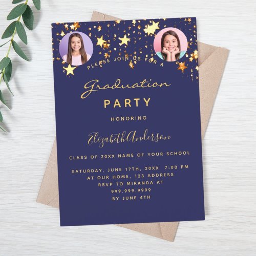 Navy blue gold stars photo graduation party invitation
