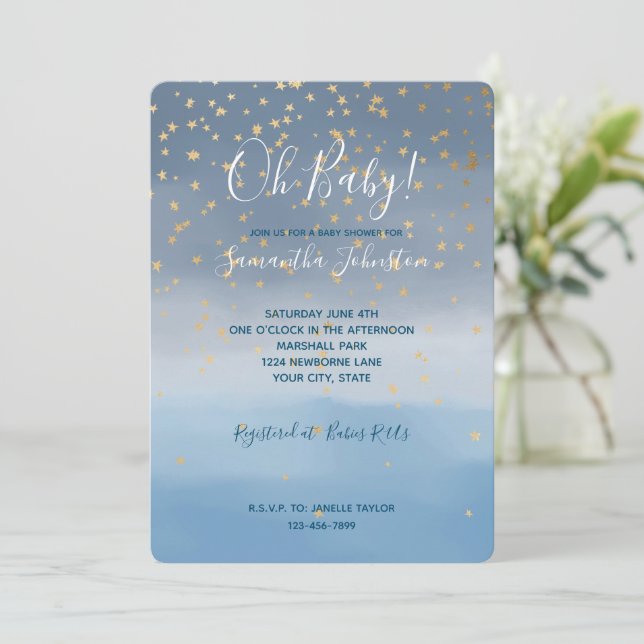 Navy Blue Gold Stars Sky Watercolor Baby Shower Invitation (Standing Front)