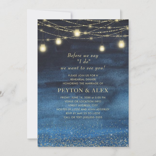 Navy Blue Gold String Light Before I Do Rehearsal  Invitation (Front)
