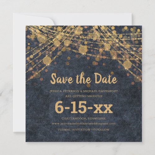 Navy Blue Gold String Light Bokeh Save Date