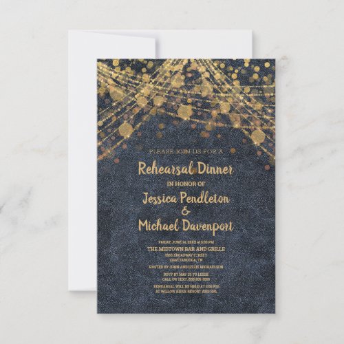 Navy Blue Gold String Lights Bokeh Rehearsal Invitation