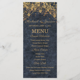 Navy Blue Gold String Lights Bokeh Wedding Menu