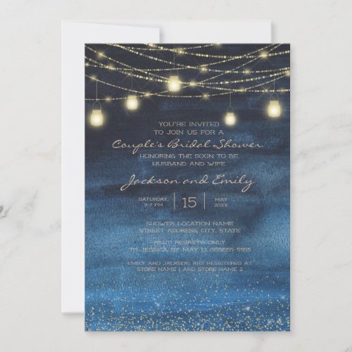 Navy Blue Gold String Lights Couples Bridal Invitation