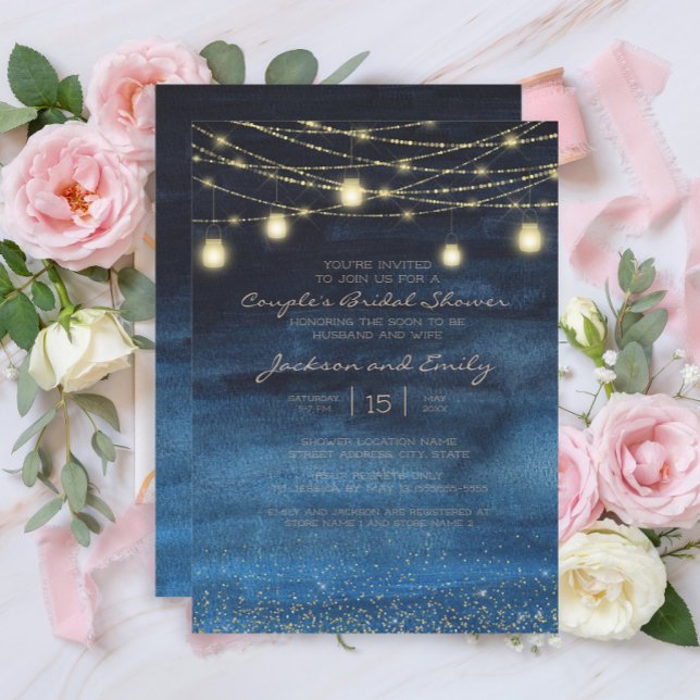 Navy Blue Gold String Lights Couple's Bridal Invitation (Navy blue and gold string lights couples bridal shower invitation)