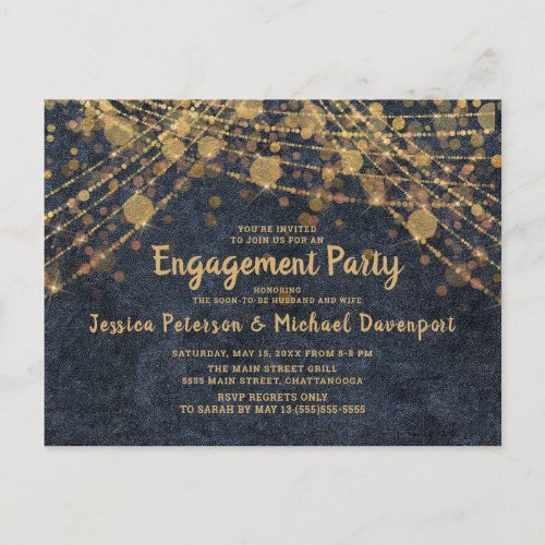 Navy Blue Gold String Lights Engagement Party Postcard