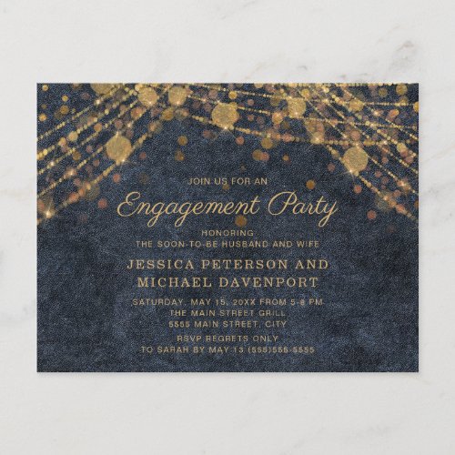 Navy Blue Gold String Lights Engagement Party Postcard