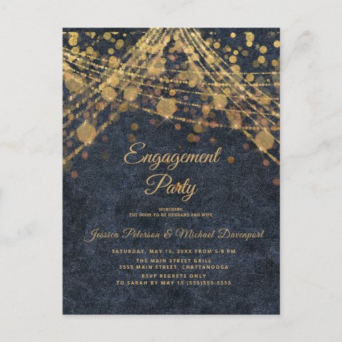 Navy Blue Gold String Lights Engagement Party Postcard