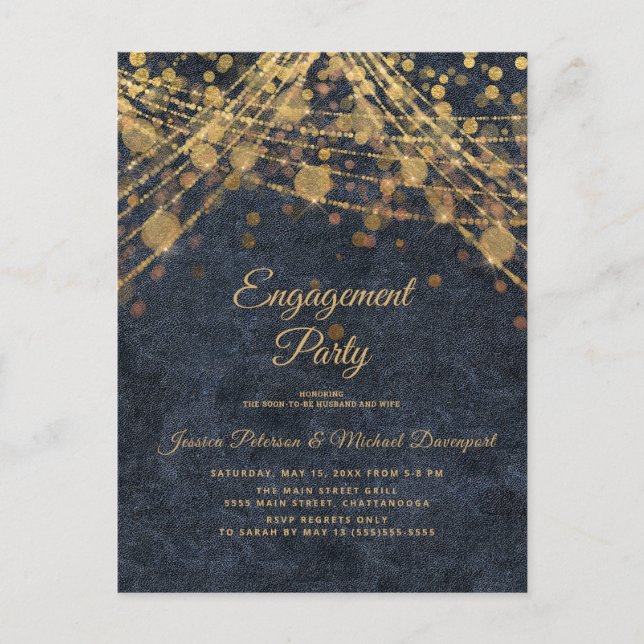 Navy Blue Gold String Lights Engagement Party Postcard (Front)