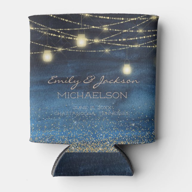 Navy Blue Gold String Lights Glitter Can Cooler (Front)