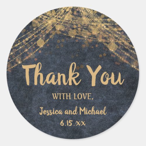Navy Blue Gold String Lights Thank You Classic Round Sticker