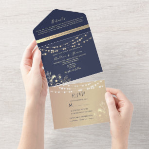Navy Blue Gold String Lights Wedding All In One Invitation