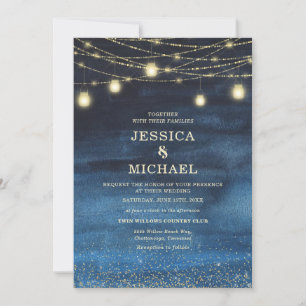 Navy Blue Gold String Lights Wedding Invitation