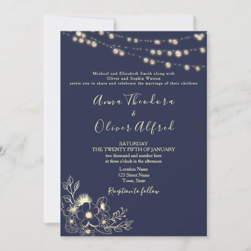 Navy Blue Gold String Lights Wedding Invitation