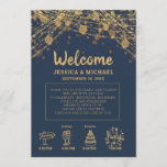 Navy Blue Gold String Lights Wedding Itinerary Invitation<br><div class="desc">Day of wedding stationery for the gift bags in an elegant navy blue with gold string lights. These cards include the bride's and groom's names, a welcome note, a short itinerary with icons, and a thank you note signed with the names of the bride and groom. Your wedding will likely...</div>