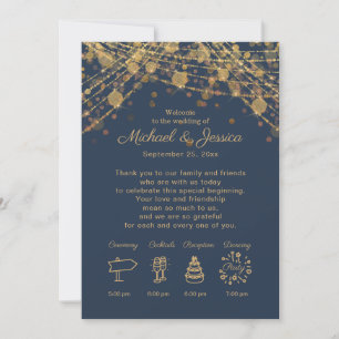Navy Blue Gold String Lights Wedding Itinerary Invitation