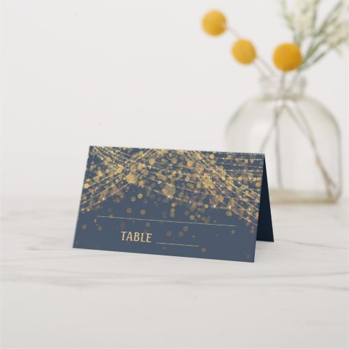 Navy Blue Gold String Lights Wedding Place Card