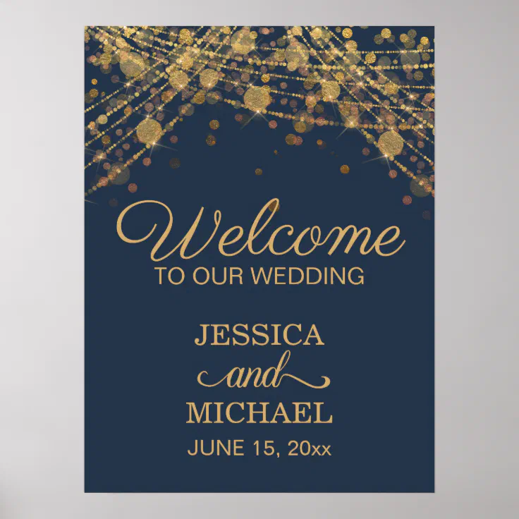 Navy Blue Gold String Lights Wedding Welcome Poster Zazzle 7740