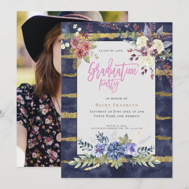 Navy Blue/Gold Stripe/Floral/Your Photo/Graduation Invitation (Front/Back)