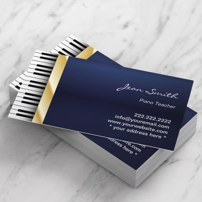 Navy Blue Gold Stripe Music Piano Teacher Business Card (Creator Uploaded)