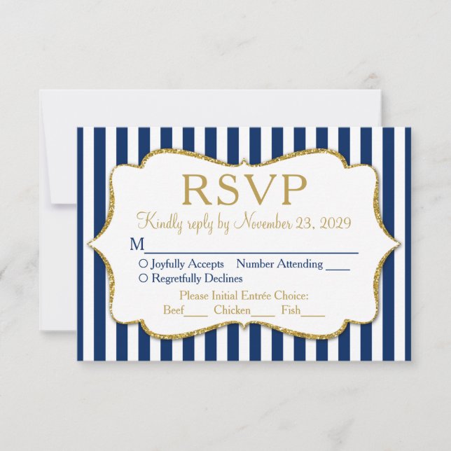 Navy Blue Gold Stripe RSVP Wedding Response Meal (Front)