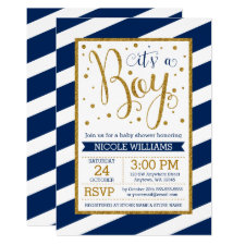 Navy Blue Gold Stripes Boy Baby Shower Invitations