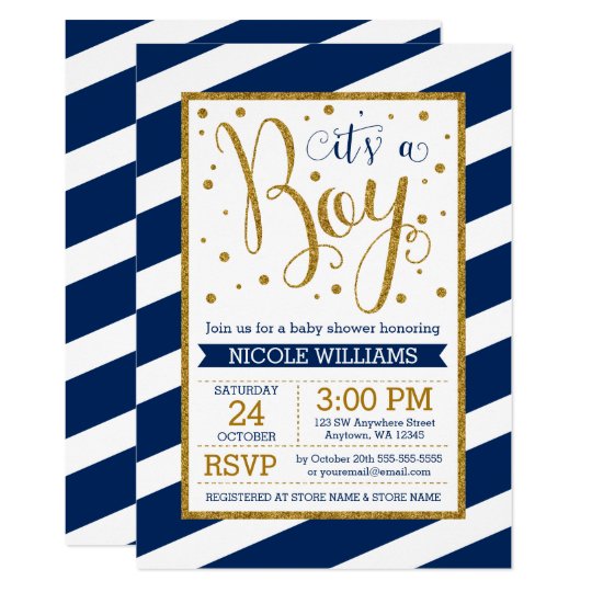 Navy Blue Gold Stripes Boy Baby Shower Invitations Zazzle Com