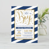 Navy Blue Gold Stripes Boy Baby Shower Invitations (Standing Front)