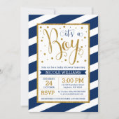 Navy Blue Gold Stripes Boy Baby Shower Invitations (Front)
