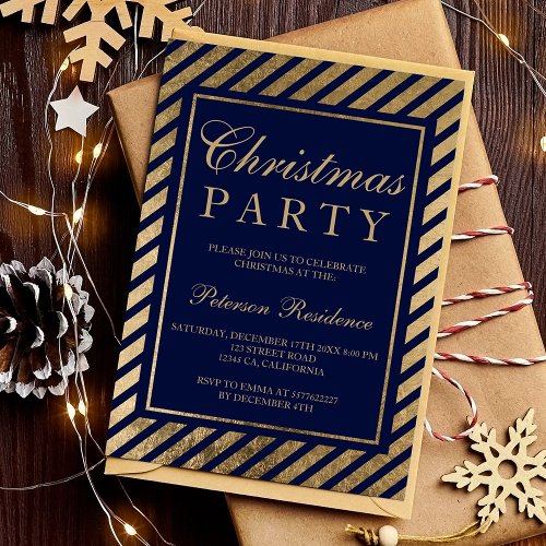 Navy blue gold stripes corporate chic Christmas Invitation