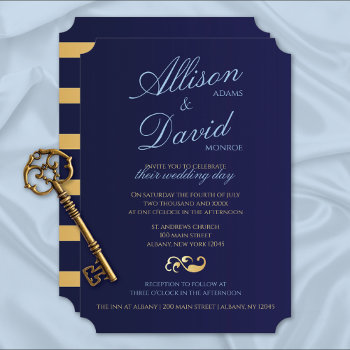 Navy Blue Gold Stripes Modern Wedding Invitation by mangomoonstudio at Zazzle