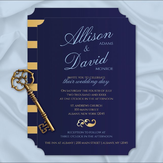 Navy Blue Gold Stripes Modern Wedding Invitation (Creator Uploaded)