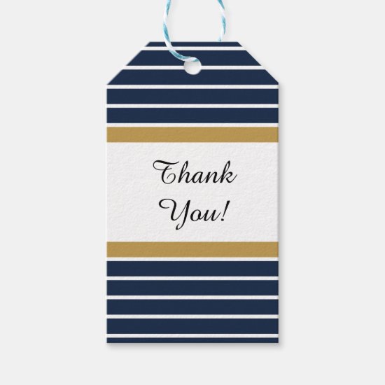 Navy Blue Gold Stripes Wedding Thank You Gift Tags
