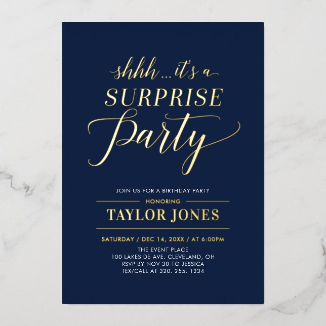 Navy Blue & Gold Surprise Milestone Birthday Party Foil Invitation (Front)