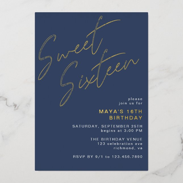 Navy Blue & Gold Sweet Sixteen Cool 16th Birthday Foil Invitation (Front)