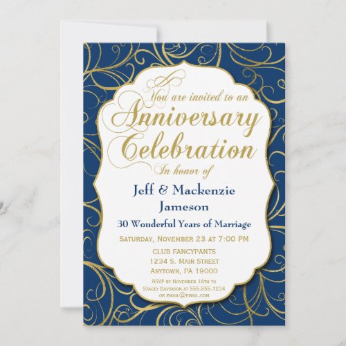 Navy Blue Gold Swirl Anniversary Invitation