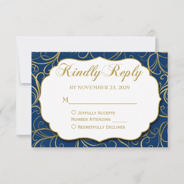 Navy Blue Gold Swirl RSVP Wedding Response Card (Front)