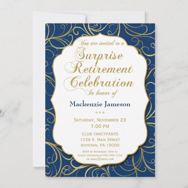 Navy Blue Gold Swirl Surprise Retirement Invite (Front)