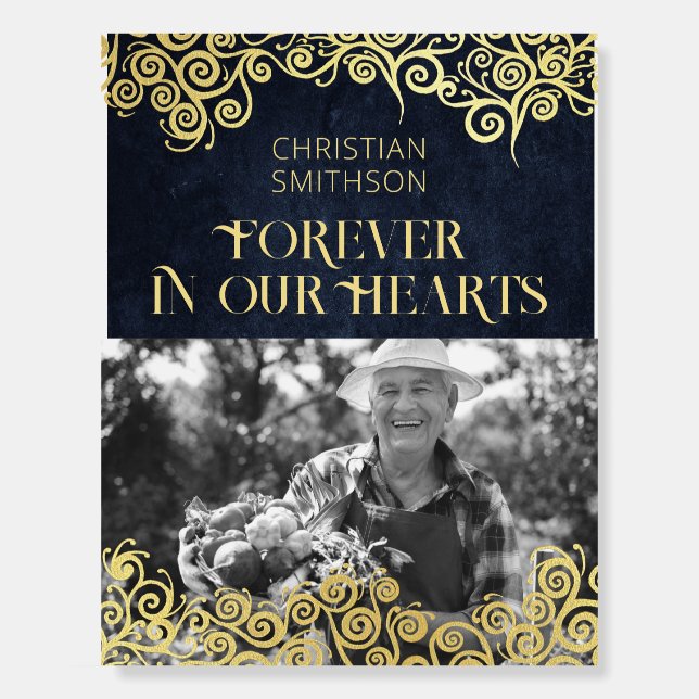  Navy Blue & Gold Swirls Elegant In Loving Memory  Foam Board (Front)