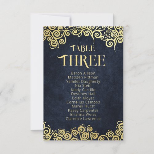 Navy Blue  Gold Swirls Seating Chart Table Number