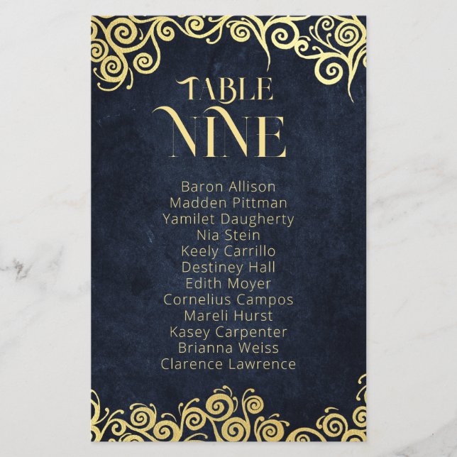 Navy Blue & Gold Swirls Seating Chart Table Number (Front)