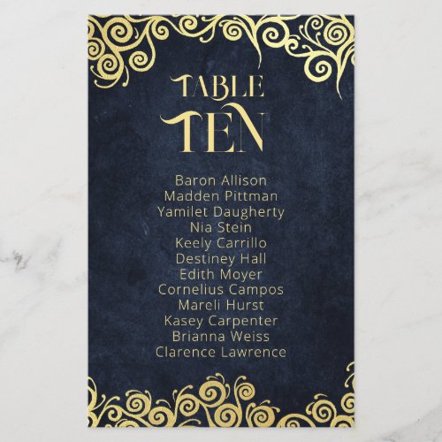 Navy Blue  Gold Swirls Seating Chart Table Number