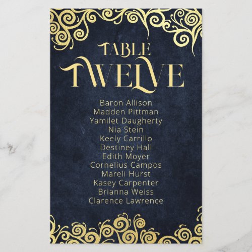 Navy Blue  Gold Swirls Seating Chart Table Number