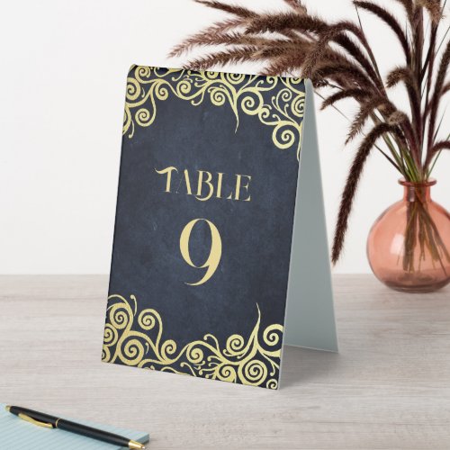 Navy Blue  Gold Swirls Seating Chart Table Number Table Tent Sign