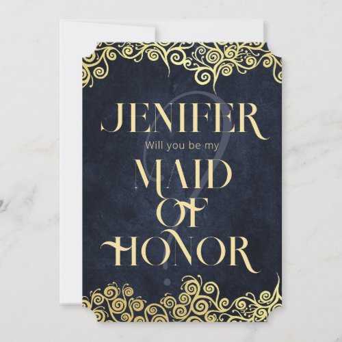 Navy Blue Gold Swirls Will You Be My Maid of Honor Invitation