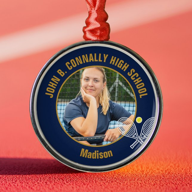 Navy Blue Gold Tennis Player Photo Christmas Gift Metal Ornament (Creator Uploaded)